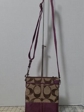 Coach Brown Canvas Crossbody with Plum Leather Trim